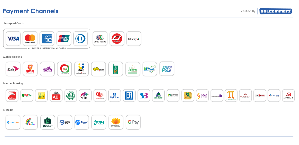 Pay with Visa, Mastercard, American Express, bKash, Nagad, Rocket and other channels. Verified by SSLCommerz.